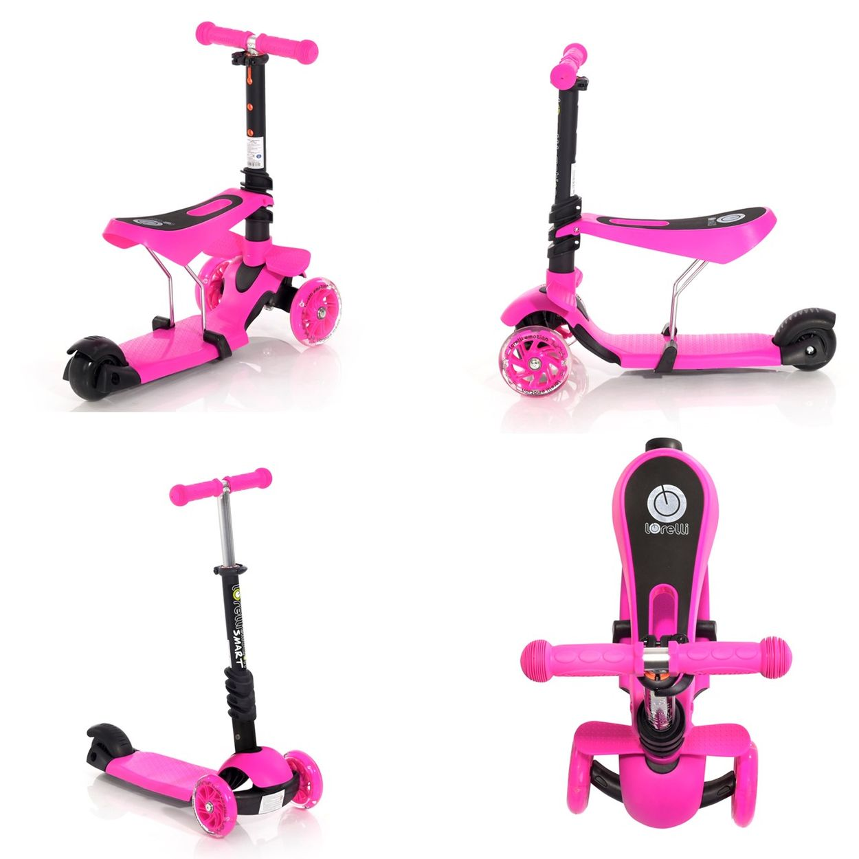 Cuatro imágenes de un patinete rosa con tres ruedas y un asiento.