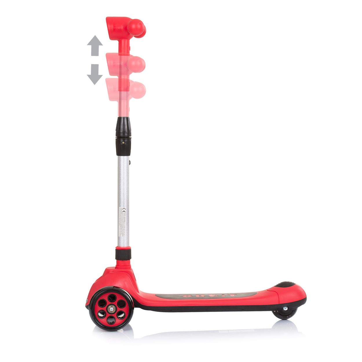 Un patinete rojo con manillar plateado ajustable. El patinete está sobre fondo blanco. Flechas indican altura del manillar.