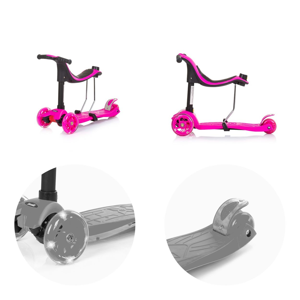 Rosa Roller mit Sitz. Nahaufnahmen zeigen Räder und Deckdetails. Weißer Hintergrund.