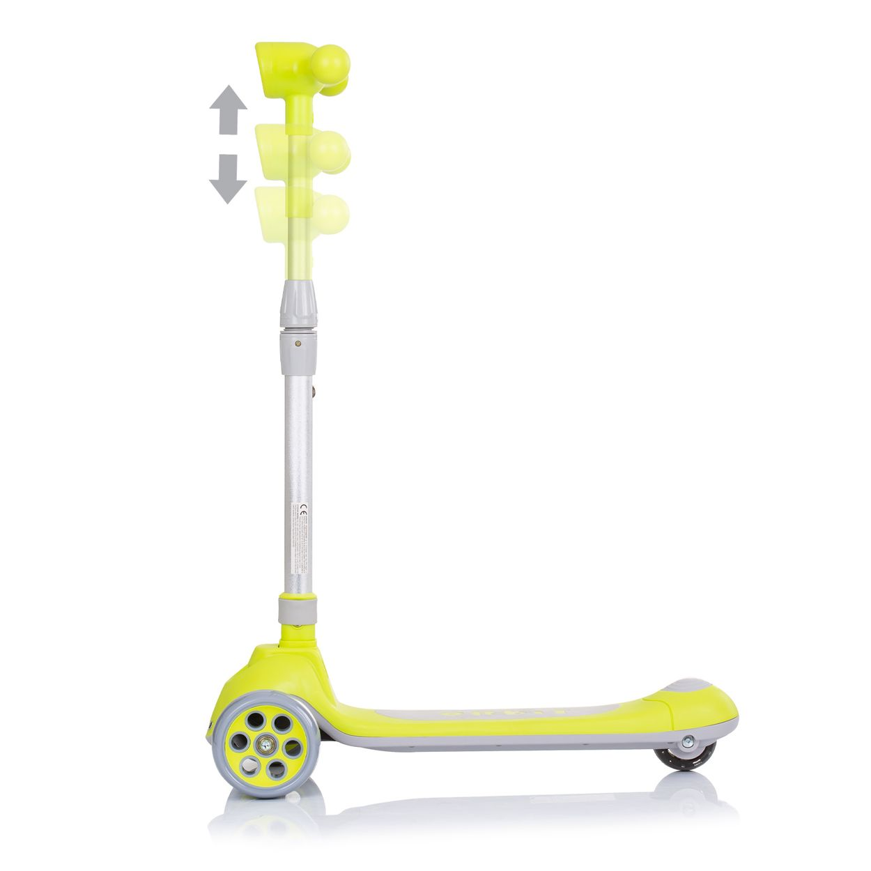 Grüner Roller auf weißem Hintergrund, höhenverstellbar. Pfeile zeigen nach oben und unten.