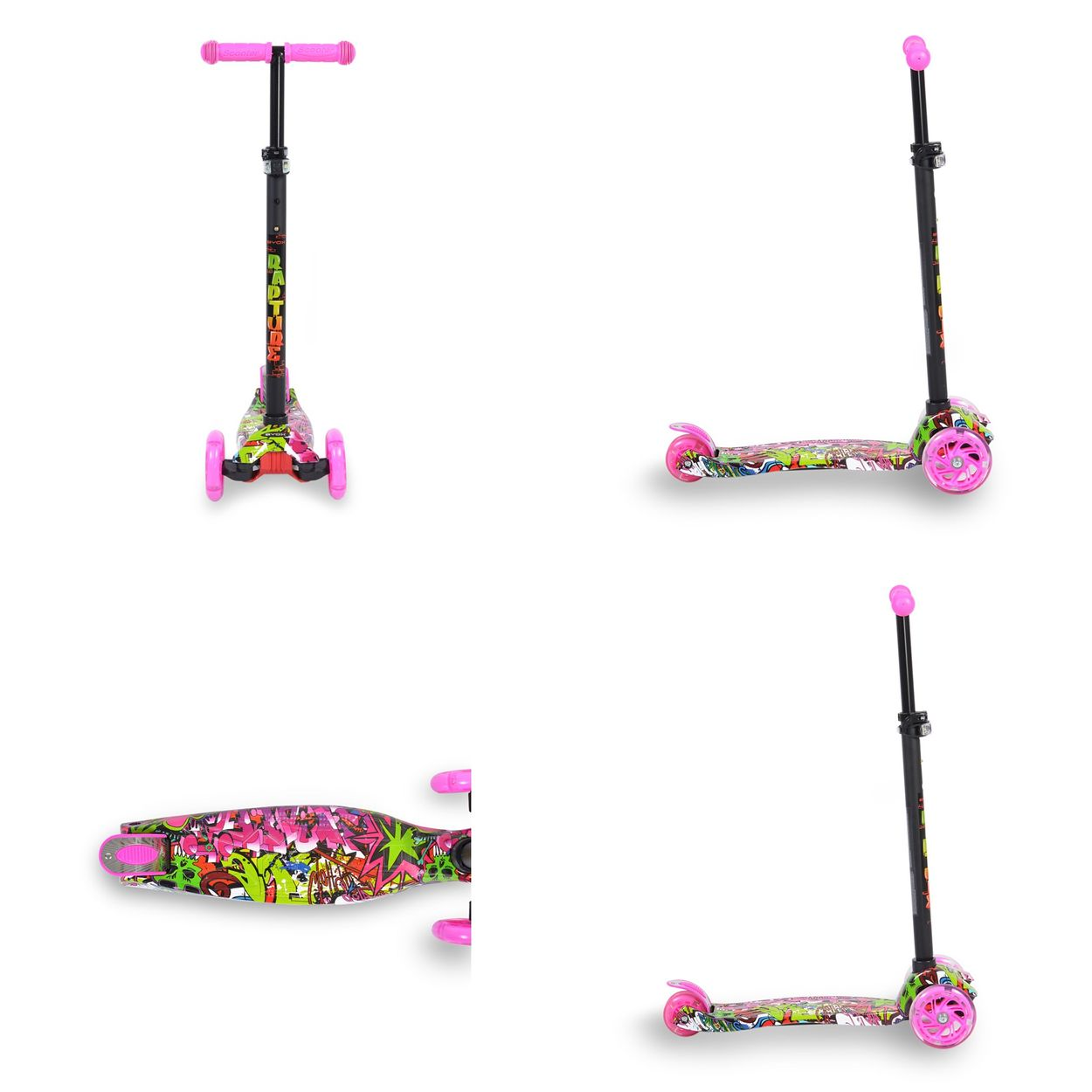Mehrere Ansichten eines rosa, grünen und schwarzen Rollers auf weißem Hintergrund.