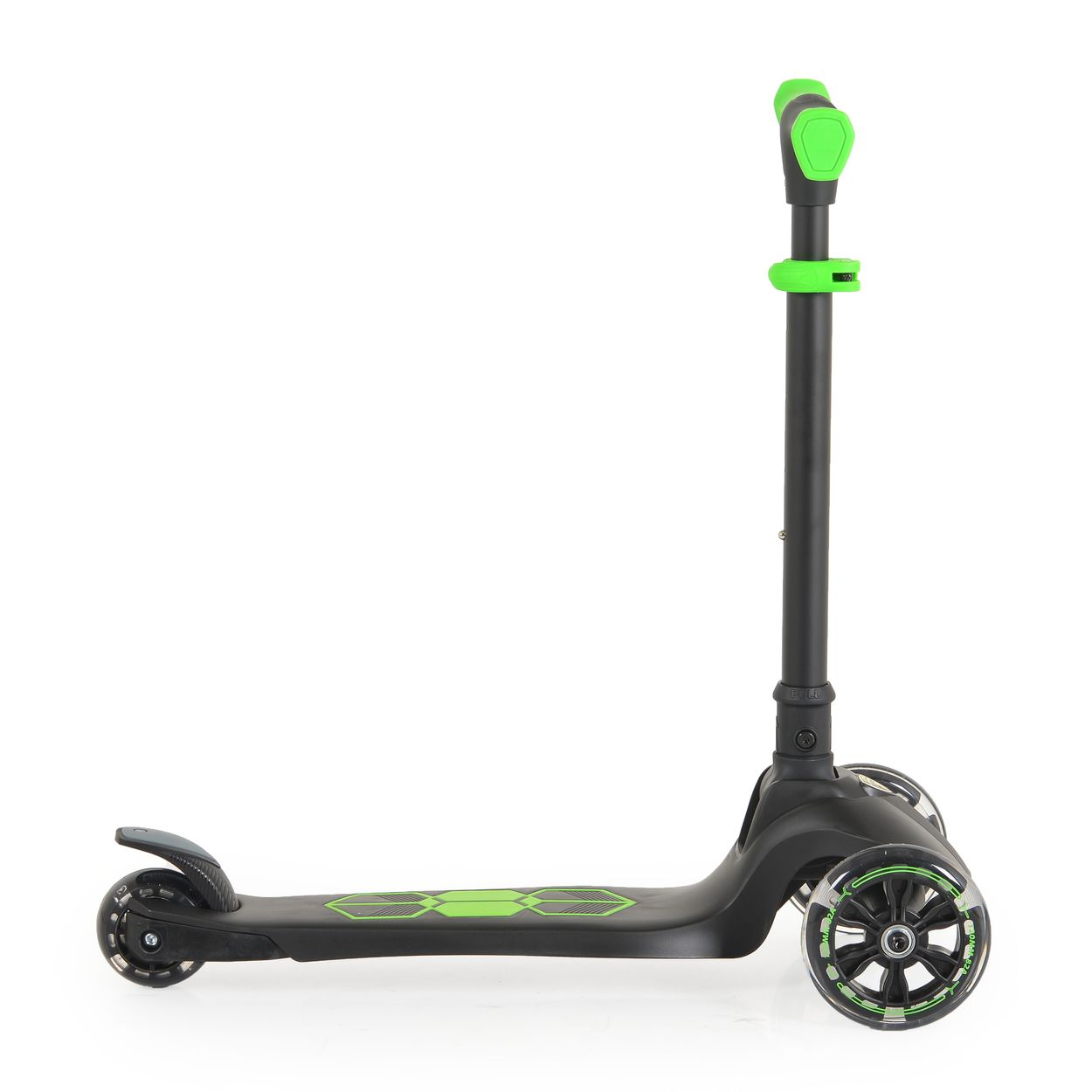 Schwarzer Roller mit drei Rädern und grünen Akzenten, Seitenansicht.