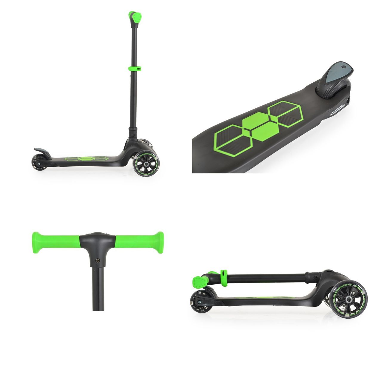 Schwarz-grüner Roller, verschiedene Ansichten, einschließlich Deck, Lenker und Gesamtansicht.