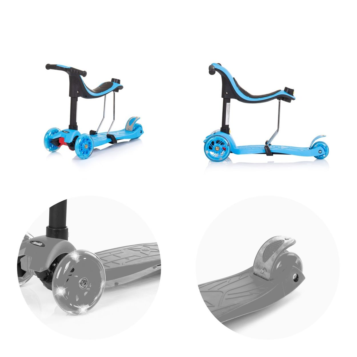 Cuatro imágenes mostrando un patinete azul y negro con ruedas y detalles.