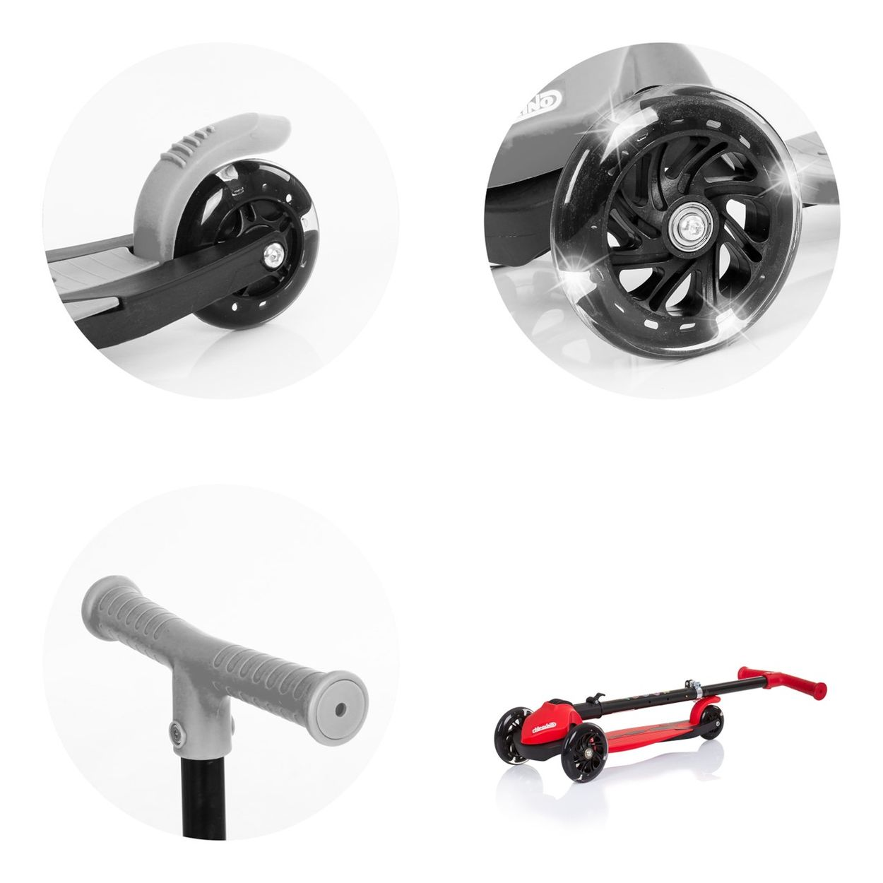Nahaufnahme von Rollerteilen: Raddetails, Rad mit Lichtern, Lenkergriff und Roller.