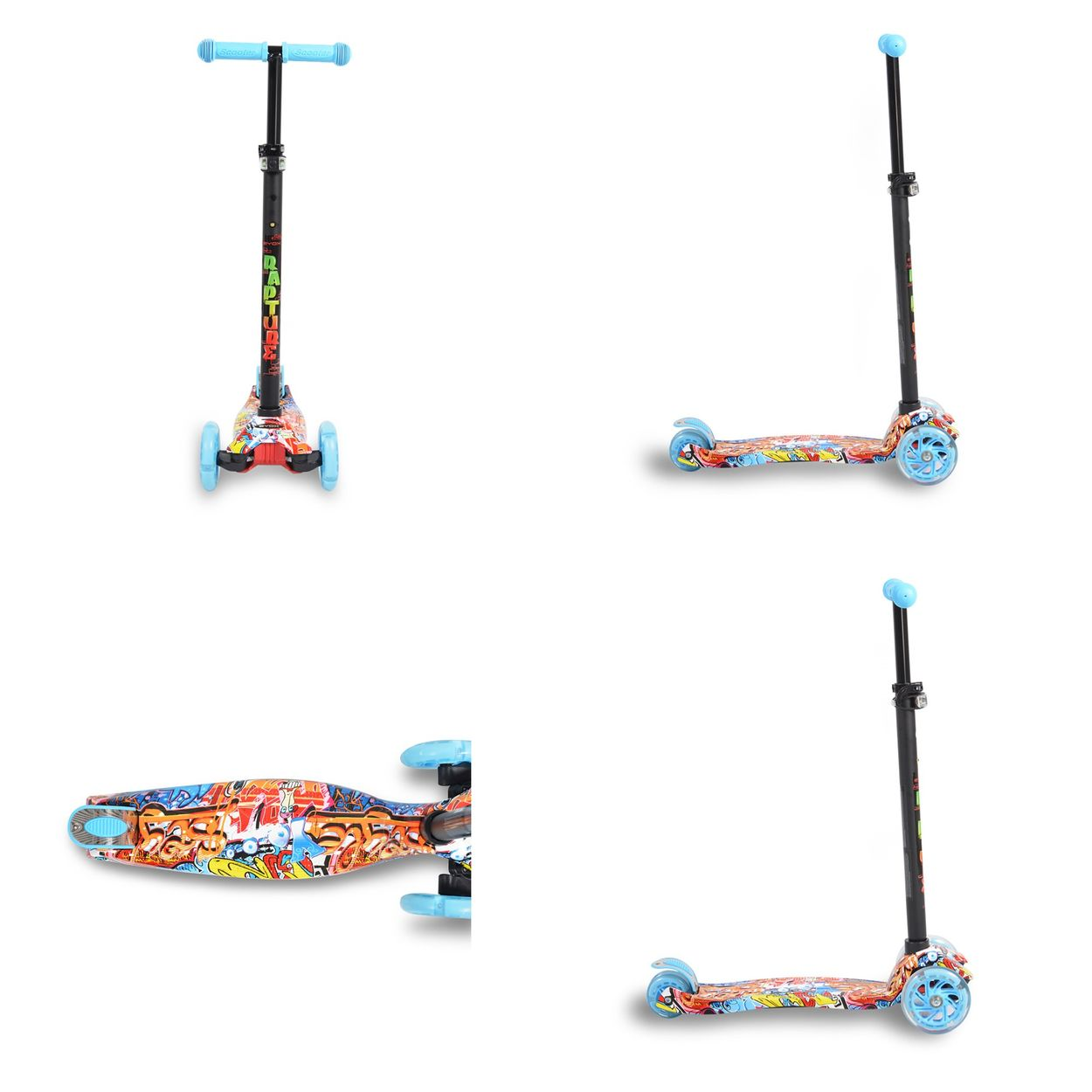 Vier Ansichten eines Rollers mit Graffiti-Design. Alle sind auf weißem Hintergrund.