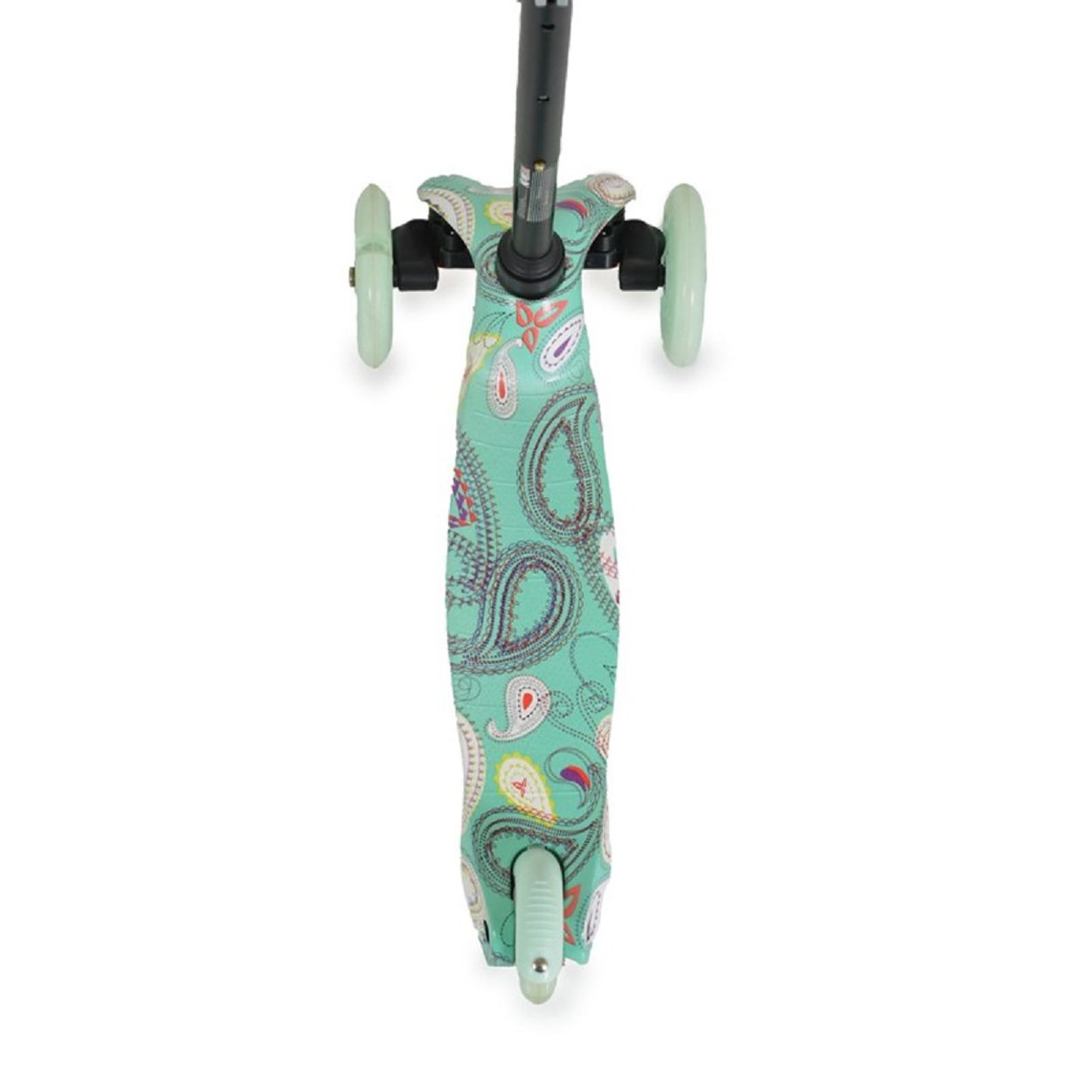 Draufsicht auf einen blauen Paisley-Roller. Drei Räder und ein dekoratives Design.