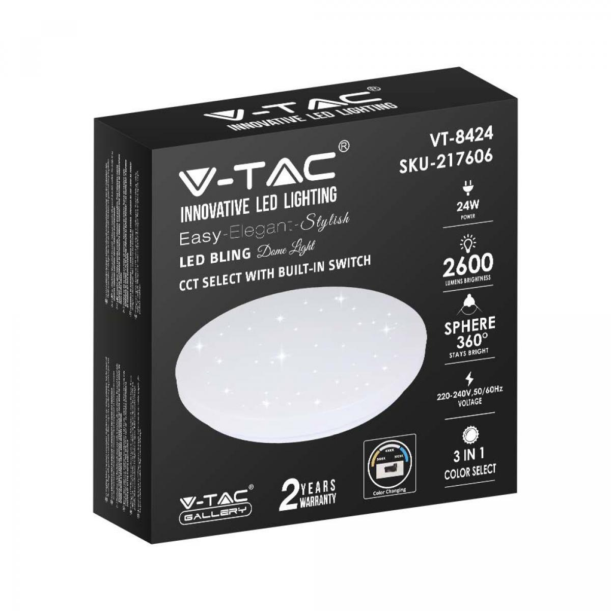 Caja negra con iluminación V-TAC. Texto: Easy-Elegant-Stylish, 24W, 2600 lúmenes, Sphere 360°.