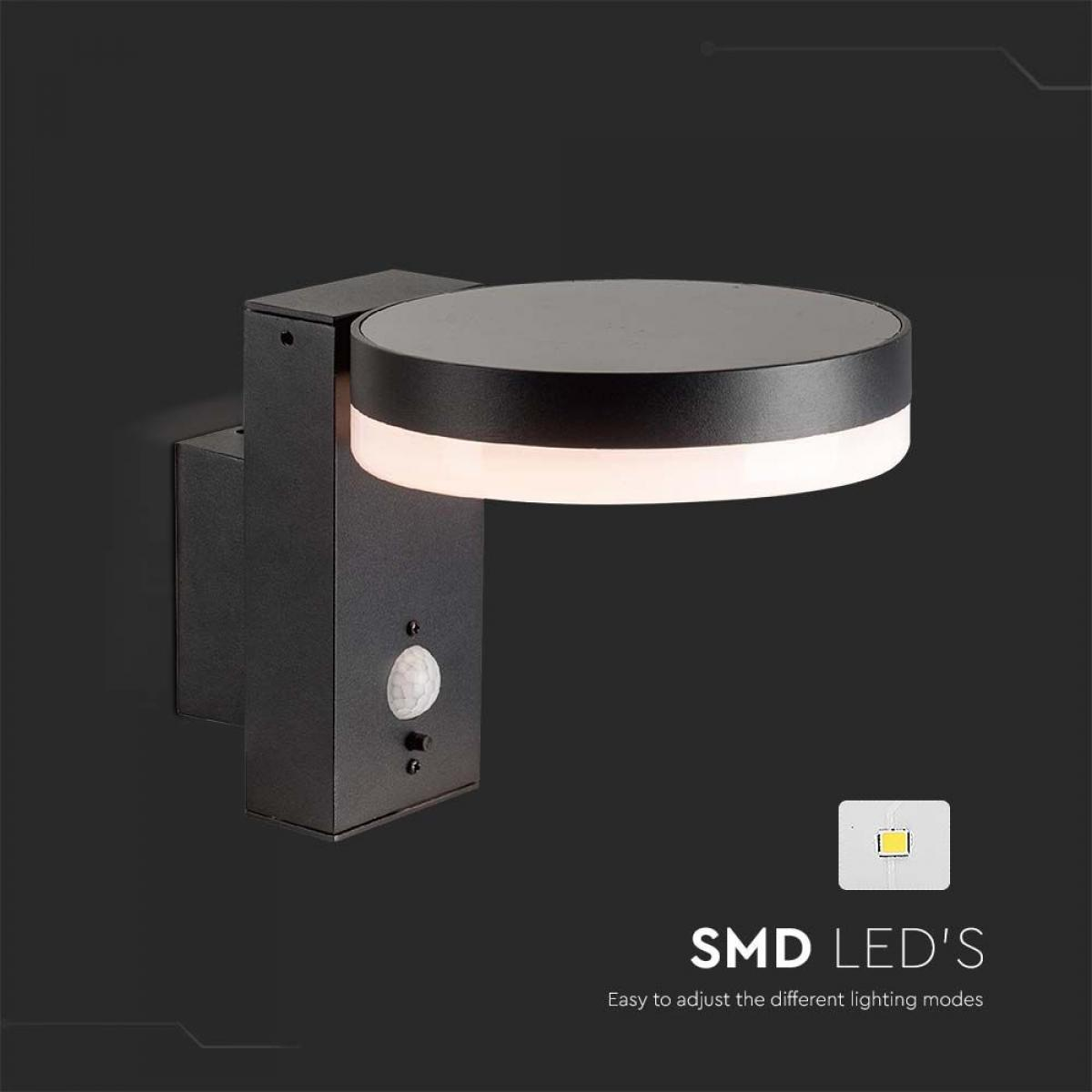 Eine schwarze Wandleuchte mit weißem Licht an der Wand. Der Text lautet SMD-LEDs, einfach einzustellen.