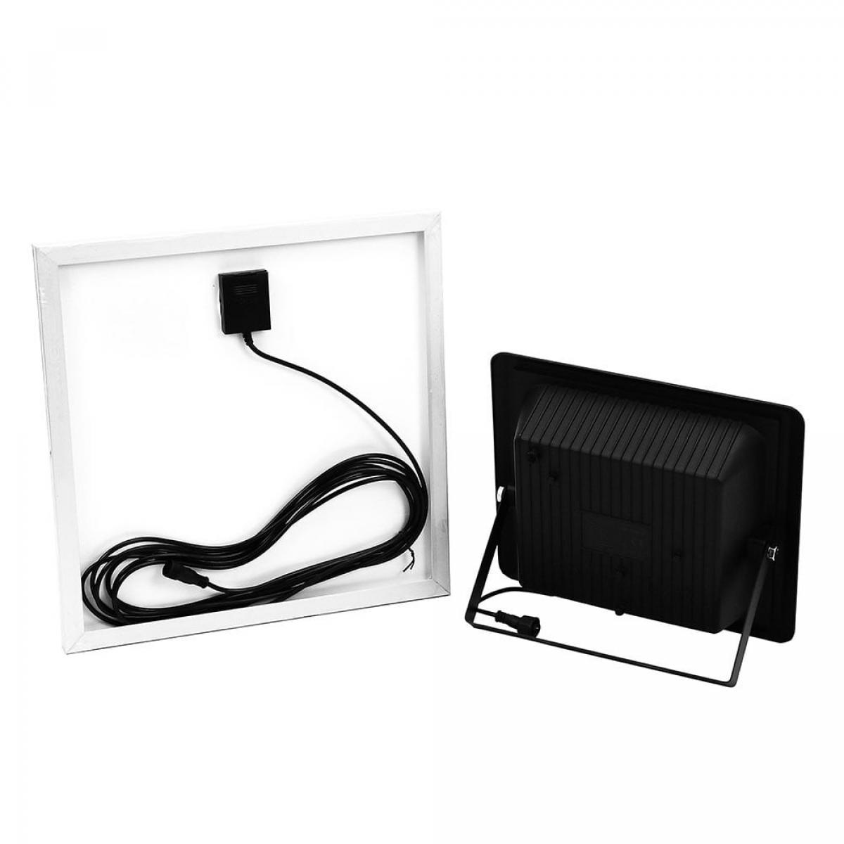 Solarpanel und Flutlicht, beide schwarz. Das Solarpanel ist einseitig weiß und hat ein Kabel.