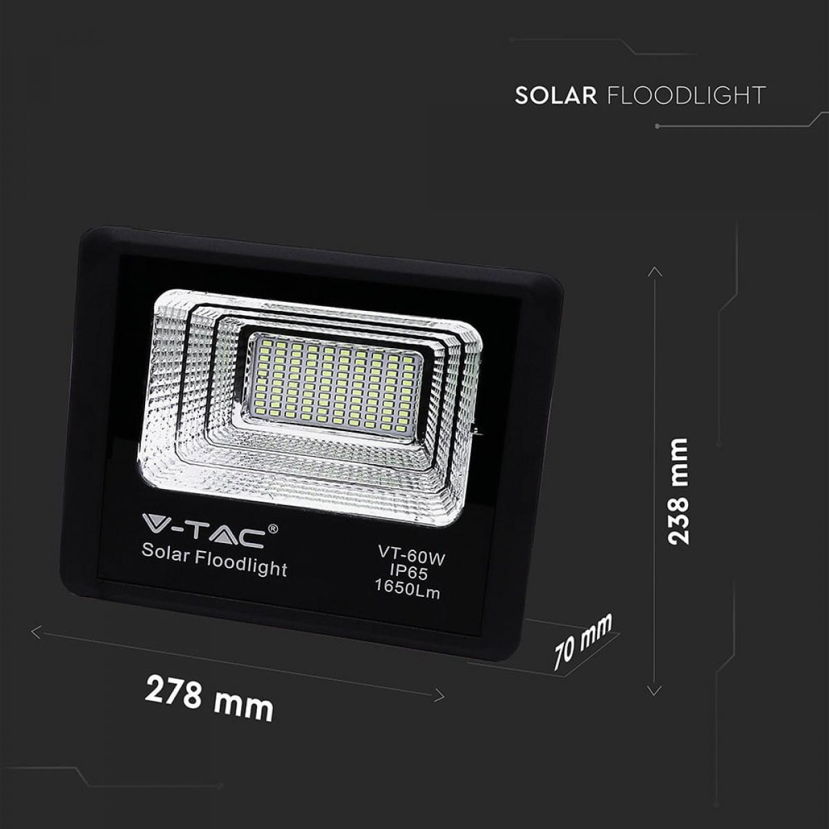 Schwarzer Solar-Flutlichtstrahler mit Abmessungen. Mit V-TAC-Logo und Produktdetails.