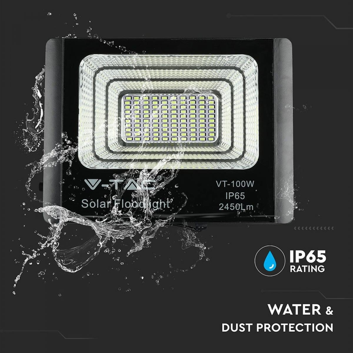 Schwarzer Solar-Flutlichtstrahler mit Wasserspritzer-Effekt. Text: "Solar-Flutlicht" und "IP65-Bewertung".