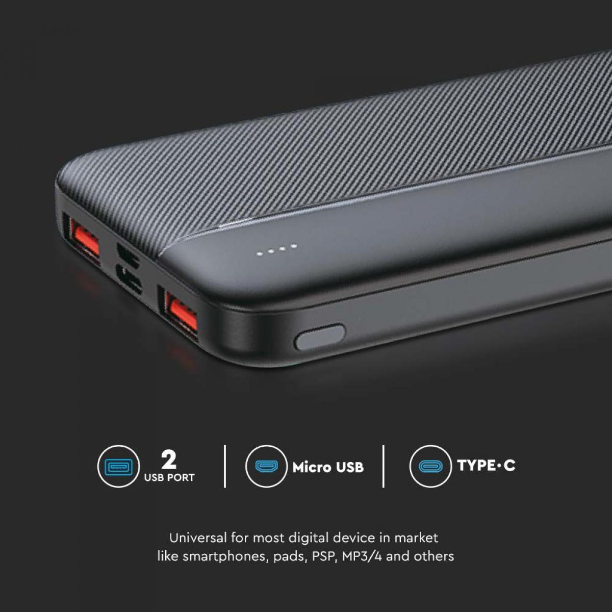 Un power bank nero con porte USB e Type-C. Ha un motivo in fibra di carbonio. Testo: Universale per la maggior parte dei dispositivi digitali.