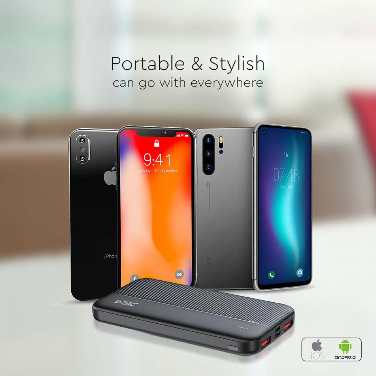 Quattro smartphone e un power bank su una superficie chiara. Testo: Portable & Stylish.