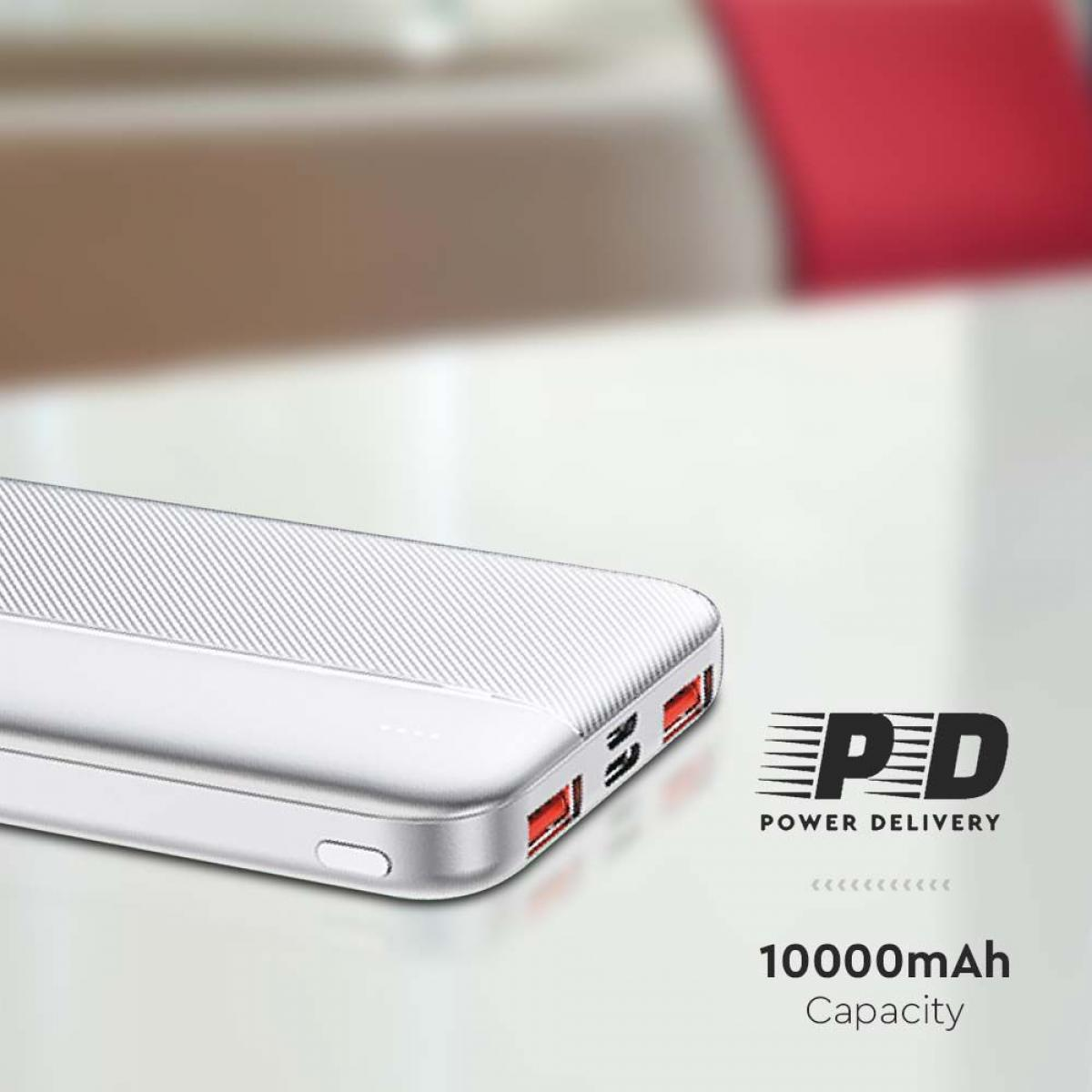 Power bank bianco con porte rosse. PD Power Delivery Capacità 10000mAh.