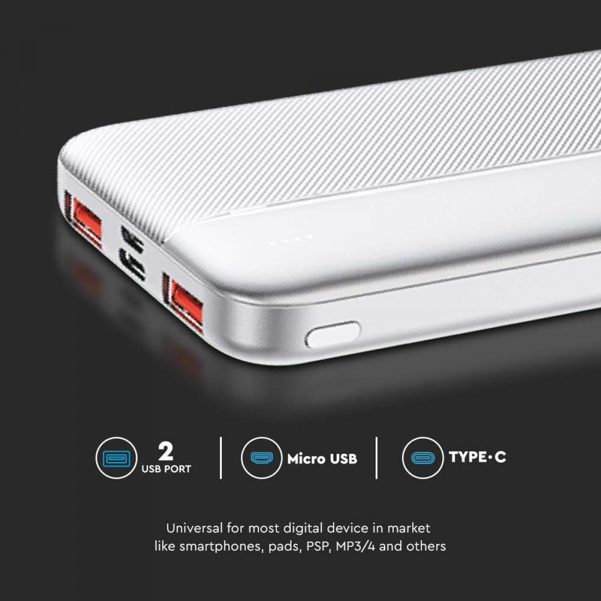 Power bank argento con porte. Testo: 2 USB, Micro USB, Tipo-C. Universale.