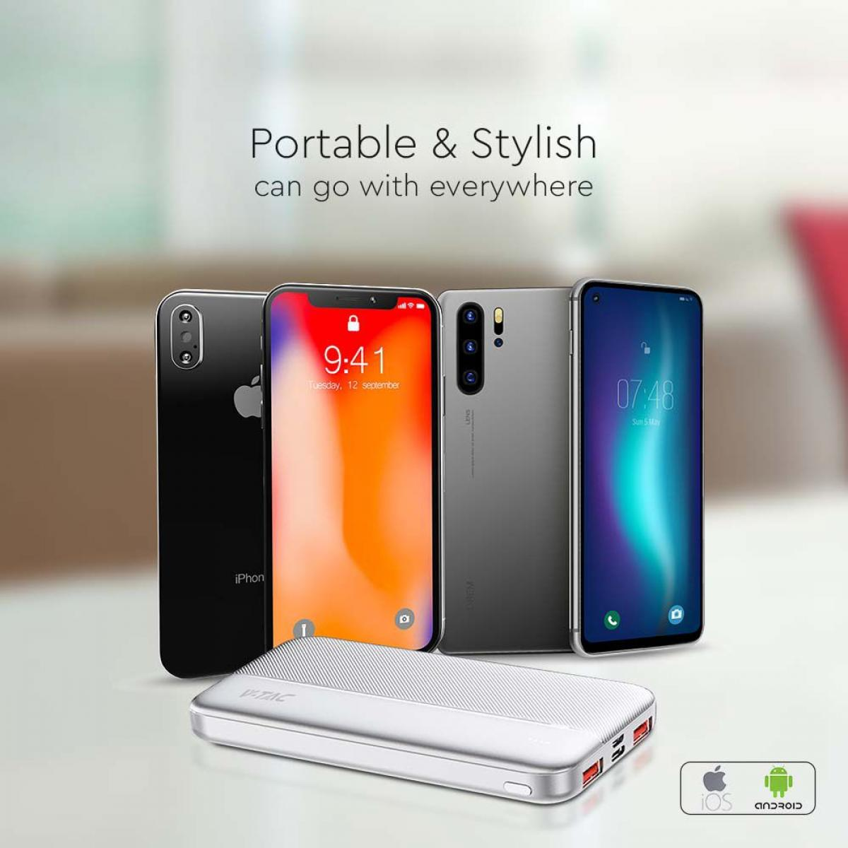 Quattro smartphone e un power bank, che enfatizzano la portabilità e il design elegante.
