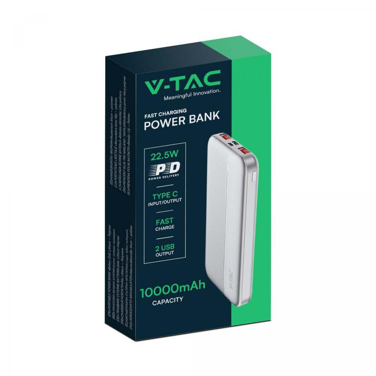 Un power bank bianco e verde con il marchio V-TAC. Ha un corpo bianco e un bordo verde.