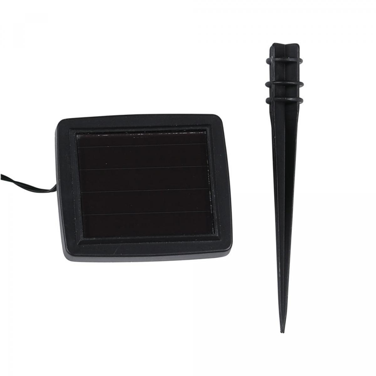 Un piccolo pannello solare nero con un paletto nero. Il pannello è di forma quadrata.