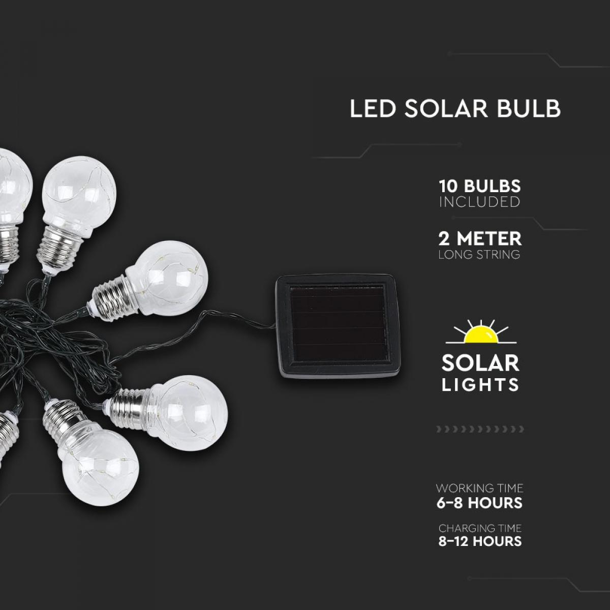 Filo di 10 lampadine LED solari con pannello solare su sfondo nero.