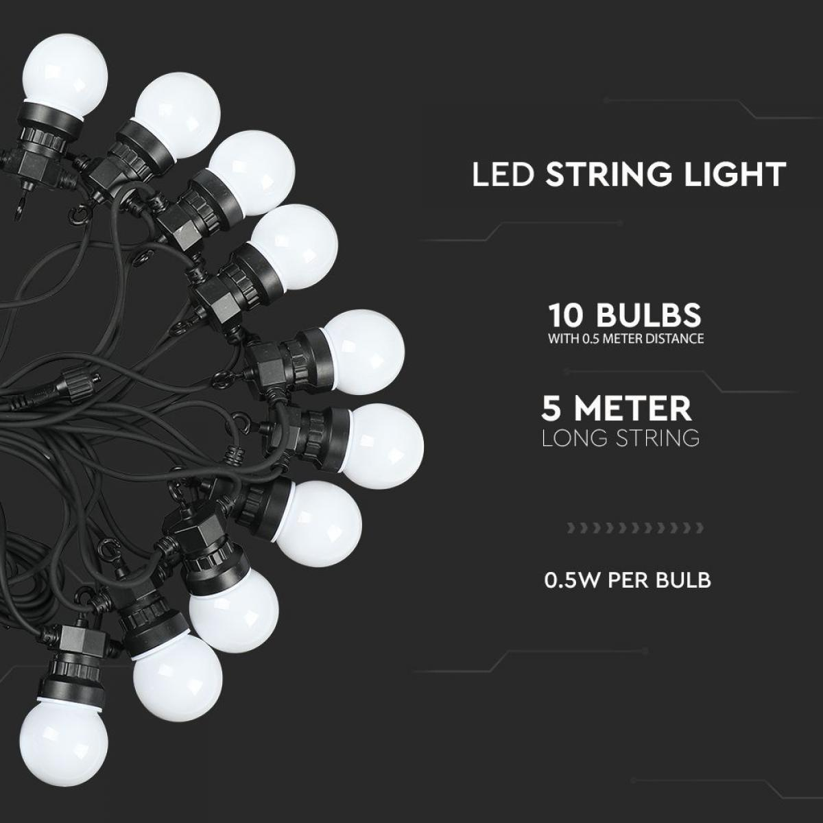 Luci a stringa LED con 10 lampadine, distanza 0,5 m e una stringa lunga 5 metri, su sfondo nero.