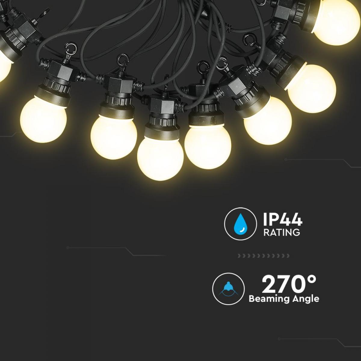 Catena luminosa con lampadine rotonde, sfondo scuro, IP44 e angolo 270°.