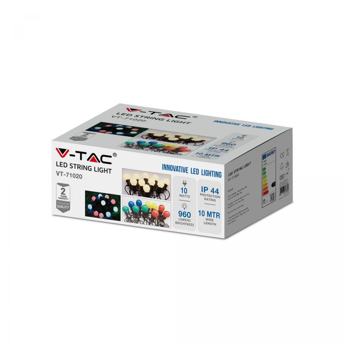 Scatola di luci a stringa LED V-TAC con lampadine colorate e specifiche.