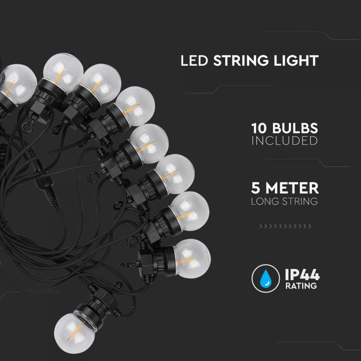 Catena luminosa a LED con 10 lampadine su una corda da 5 metri. È classificata IP44.