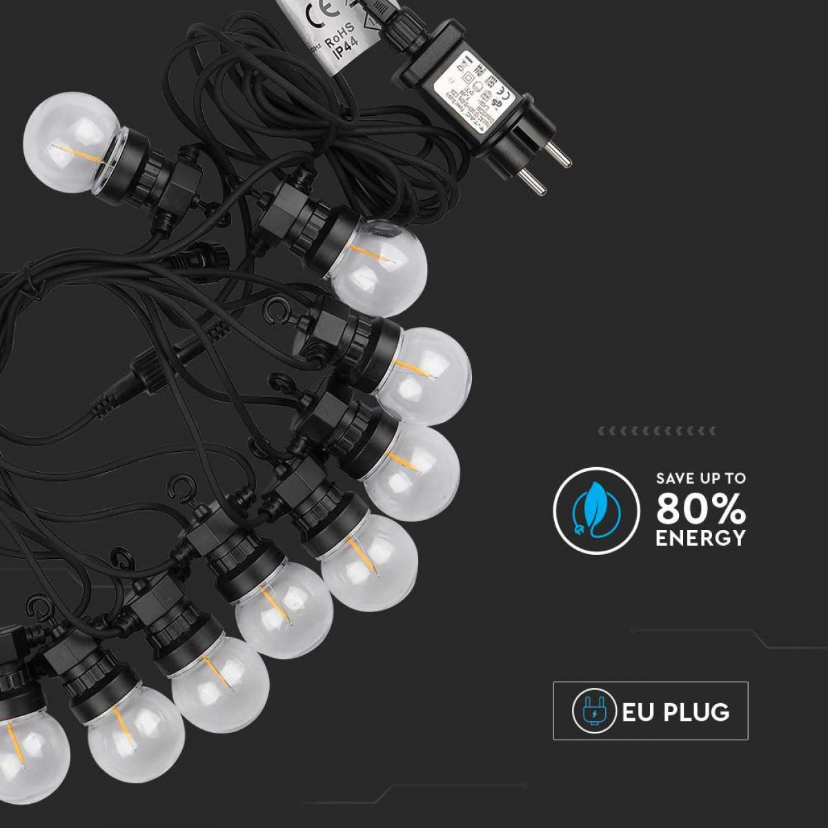 Catena luminosa con lampadine trasparenti, cablaggio nero, spina UE, info risparmio.