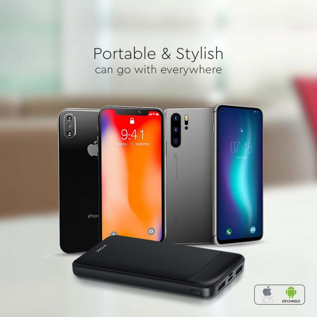 Quattro smartphone e un power bank su un tavolo, con testo: Portatile ed elegante.