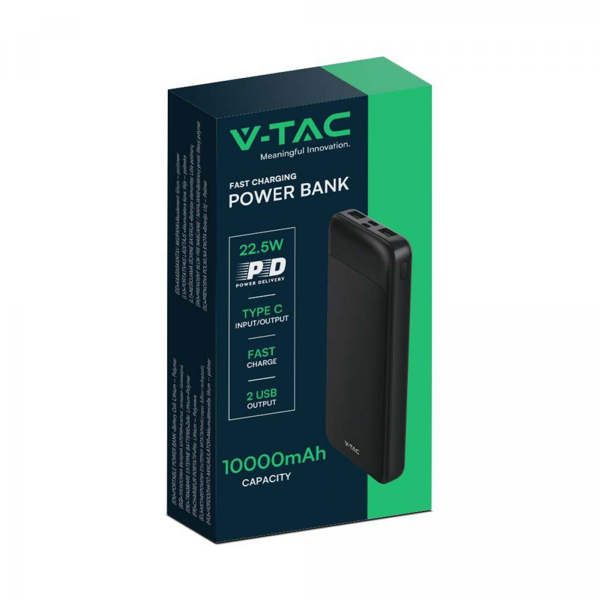 Power bank V-TAC nero con scatola verde e bianca, che mostra i dettagli. Sfondo bianco.