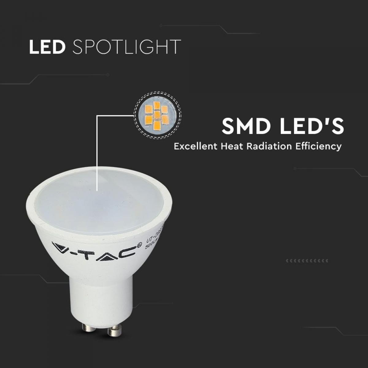 Faretto LED con logo V-TAC e LED SMD. L'immagine mostra la lampada e i dettagli dell'efficienza di radiazione termica.