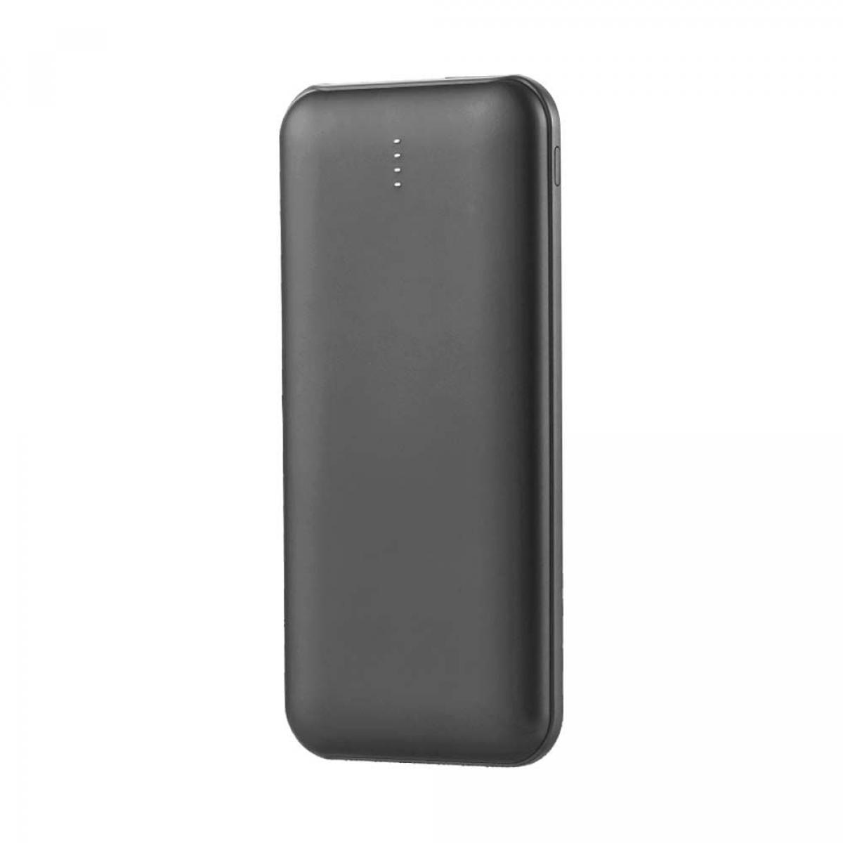 Un power bank grigio scuro. È un dispositivo rettangolare con una superficie liscia.