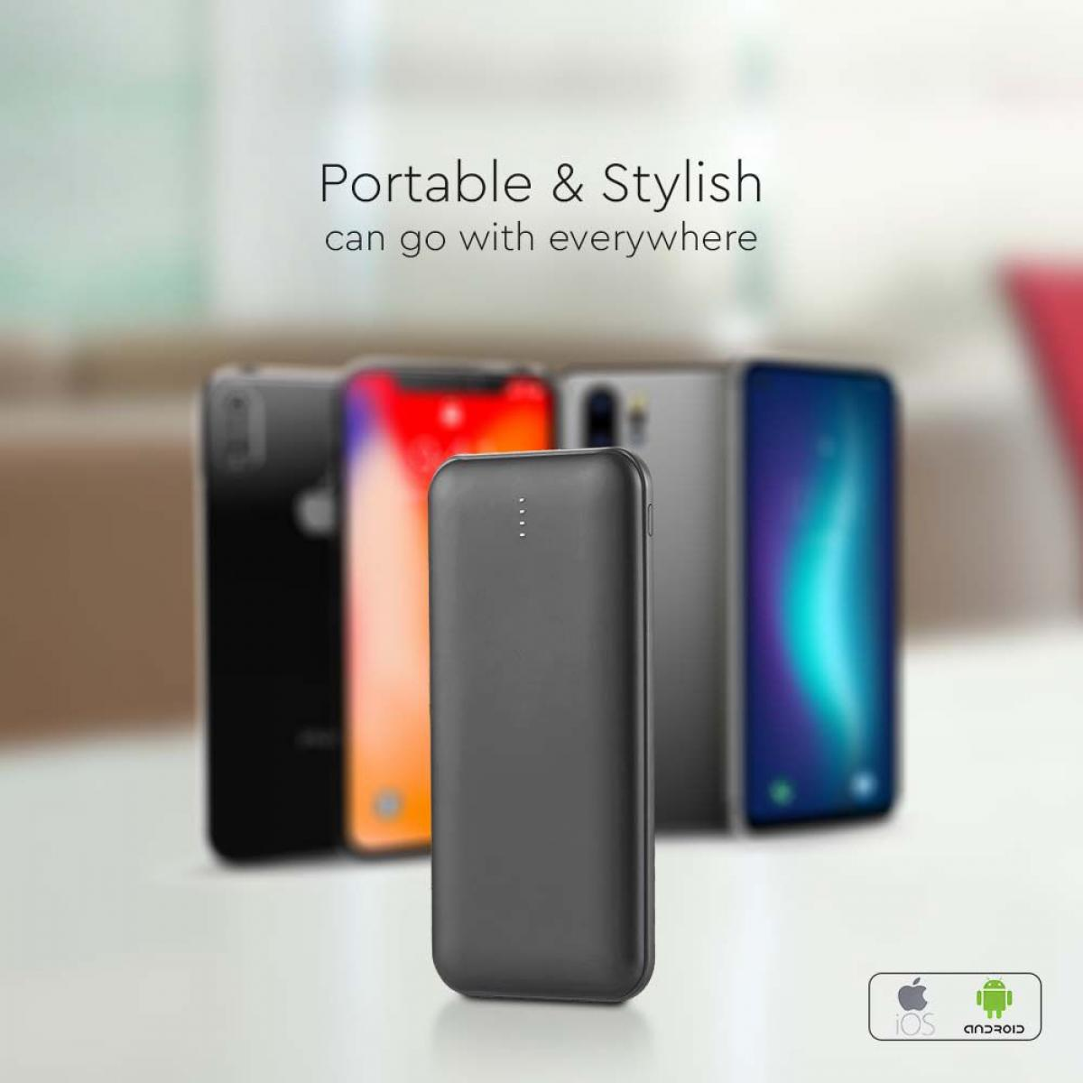 Un power bank nero e quattro smartphone. Testo: Portatile ed elegante, può andare ovunque.