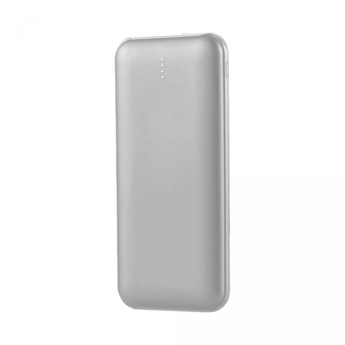 Un power bank rettangolare argento dal design semplice. Lo sfondo è bianco.