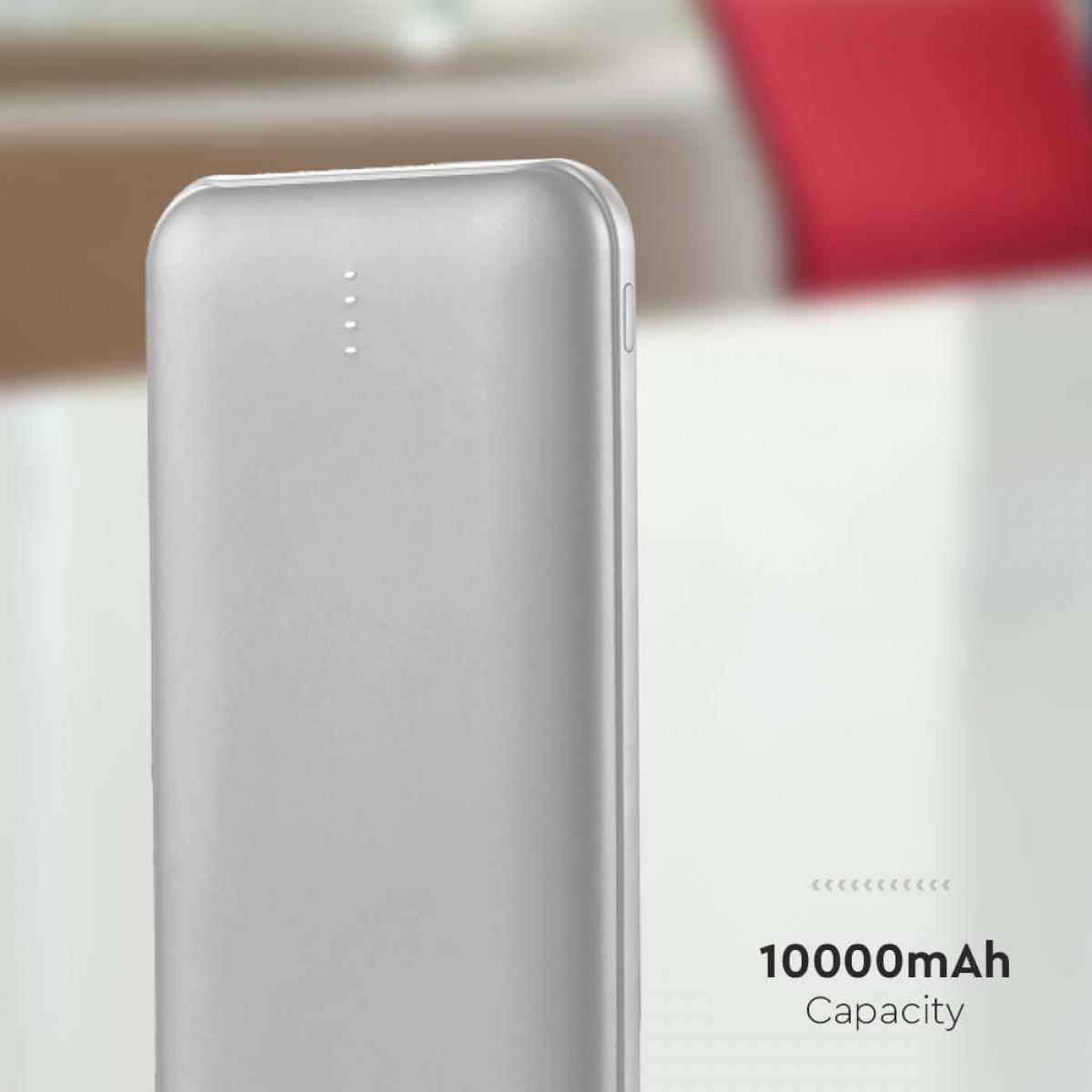 Power bank argento con 4 luci. Visualizza la capacità di 10000mAh.