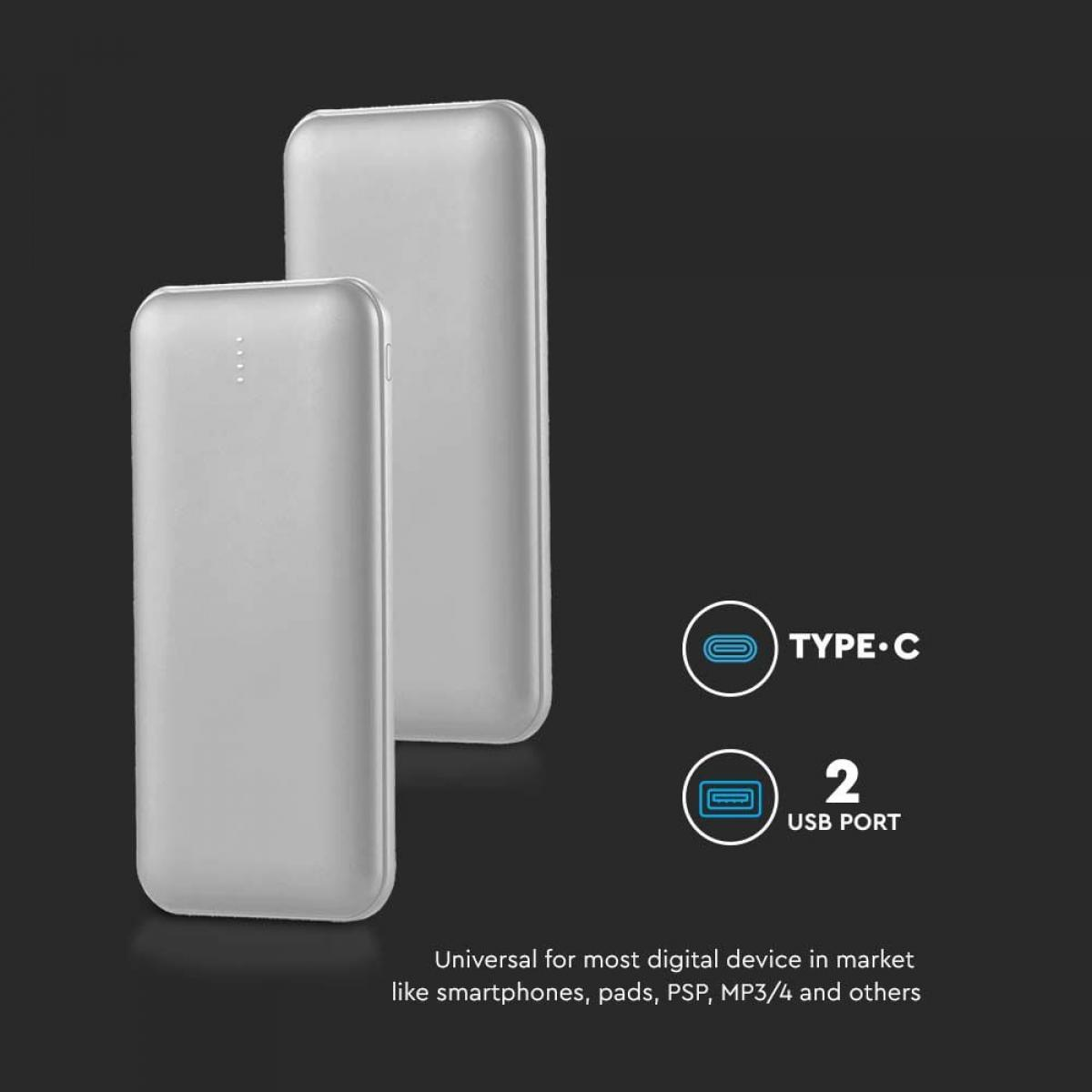 Due power bank grigi. Informazioni: dettagli Type-C e porta USB, e testo che indica l'uso universale.