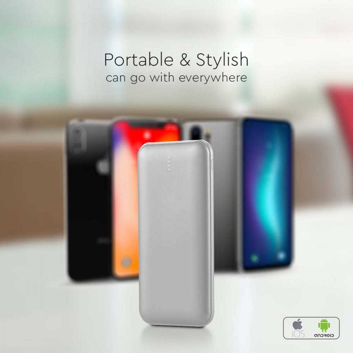 Un power bank argentato di fronte a quattro telefoni, con il testo 'Portable & Stylish'.