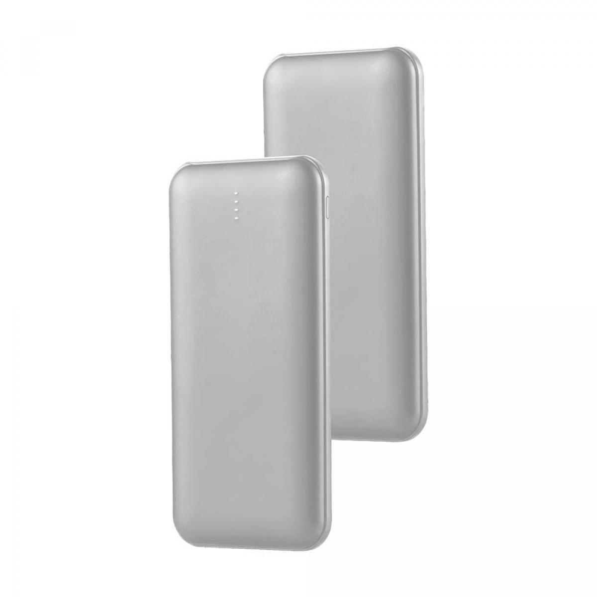 Due power bank rettangolari grigie, leggermente inclinate, su sfondo bianco.
