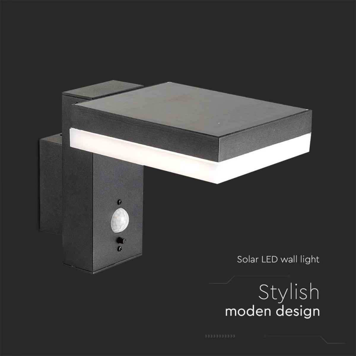 Schwarze und graue Solar-LED-Wandleuchte. Stilvolles Design, dunkler Hintergrund.