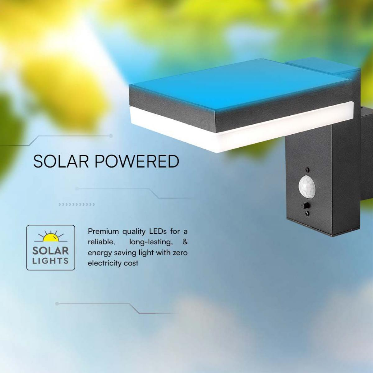 Solarbetriebene Außenwandleuchte mit Text: Solarbetrieben. Hochwertige LEDs für zuverlässiges, langlebiges Licht.