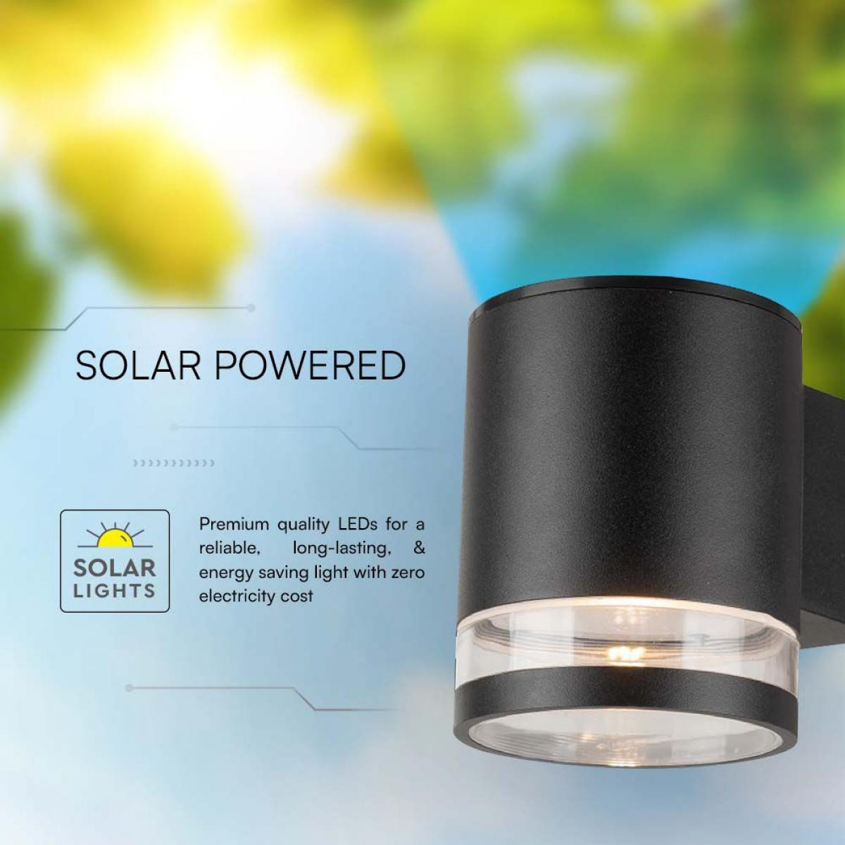 Eine schwarze Außenwandleuchte mit transparenter Lichtquelle. Text sagt 'Solar Powered' und 'Solar Lights'.