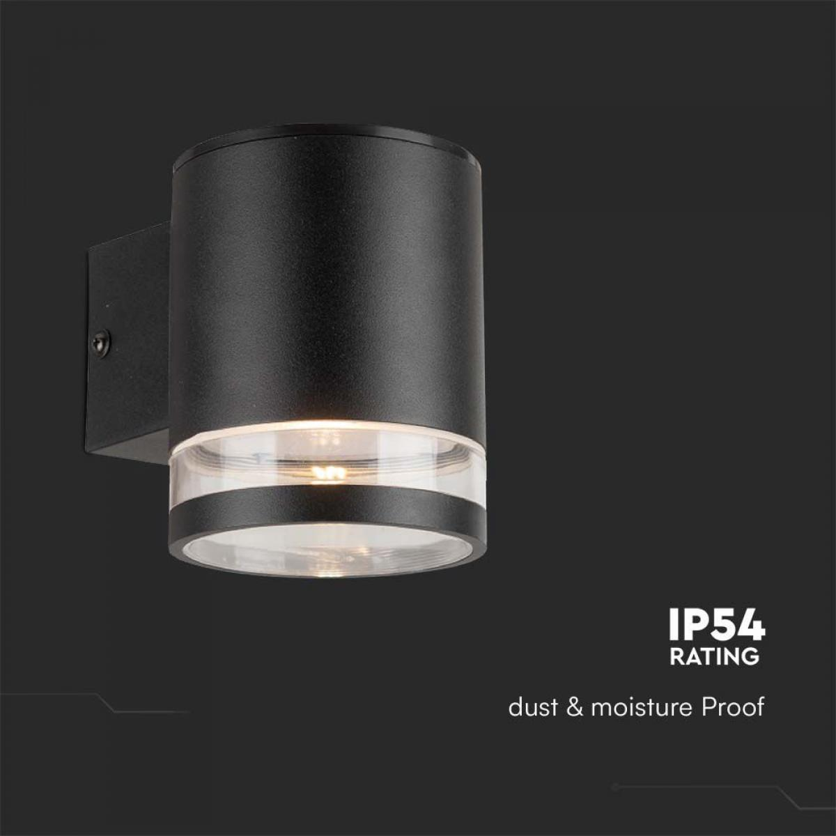 Schwarze zylindrische Außenwandleuchte. Text: 'IP54 RATING'.