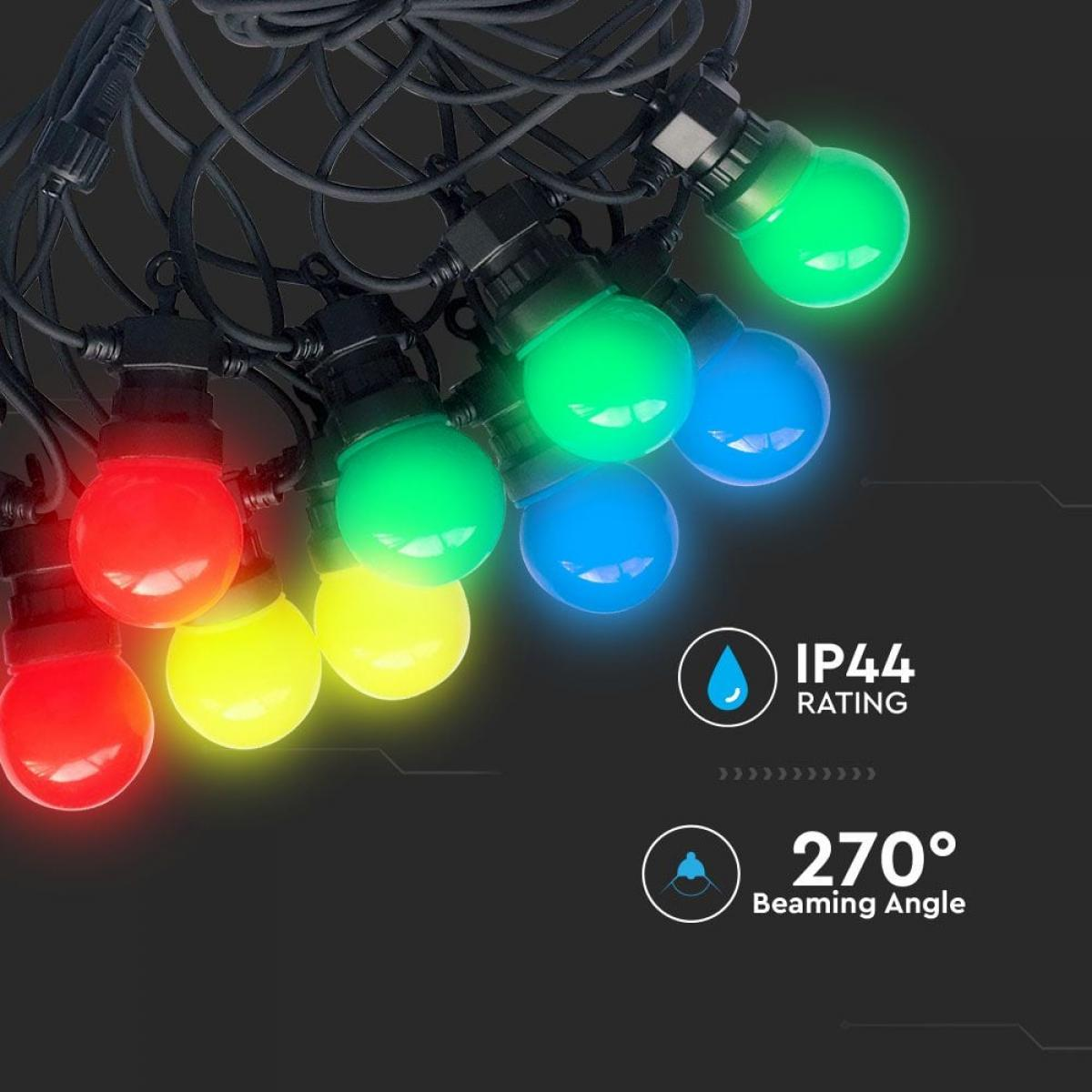 Una catena di luci rotonde colorate su sfondo scuro, con classificazione IP44 e angolo del fascio di 270°.