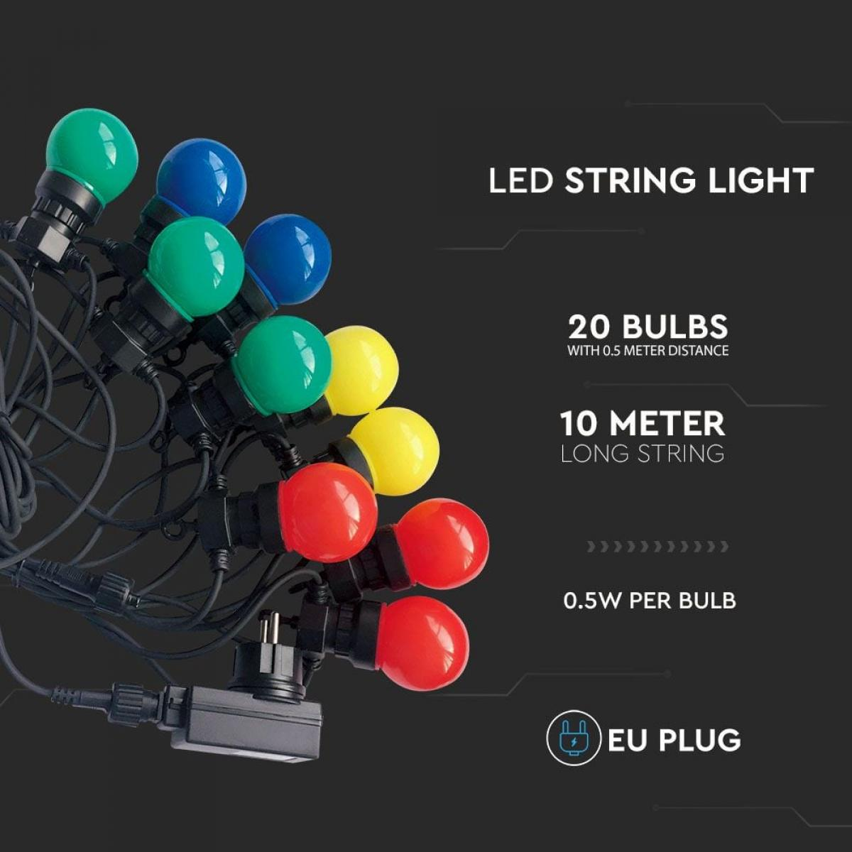 Una stringa di lampadine a LED multicolore, con testo che descrive il prodotto come una luce a stringa LED.