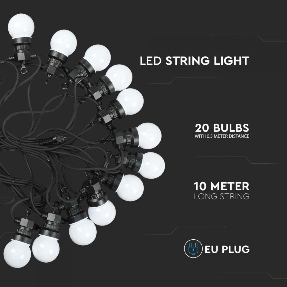 Luci a stringa LED con 20 lampadine su una stringa da 10 metri, con spina UE, su sfondo scuro.