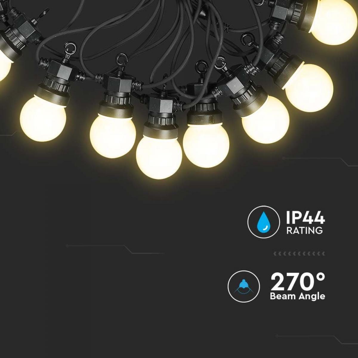 Catena luminosa con luci gialle, filo nero e testo sulla classificazione IP e angolo.
