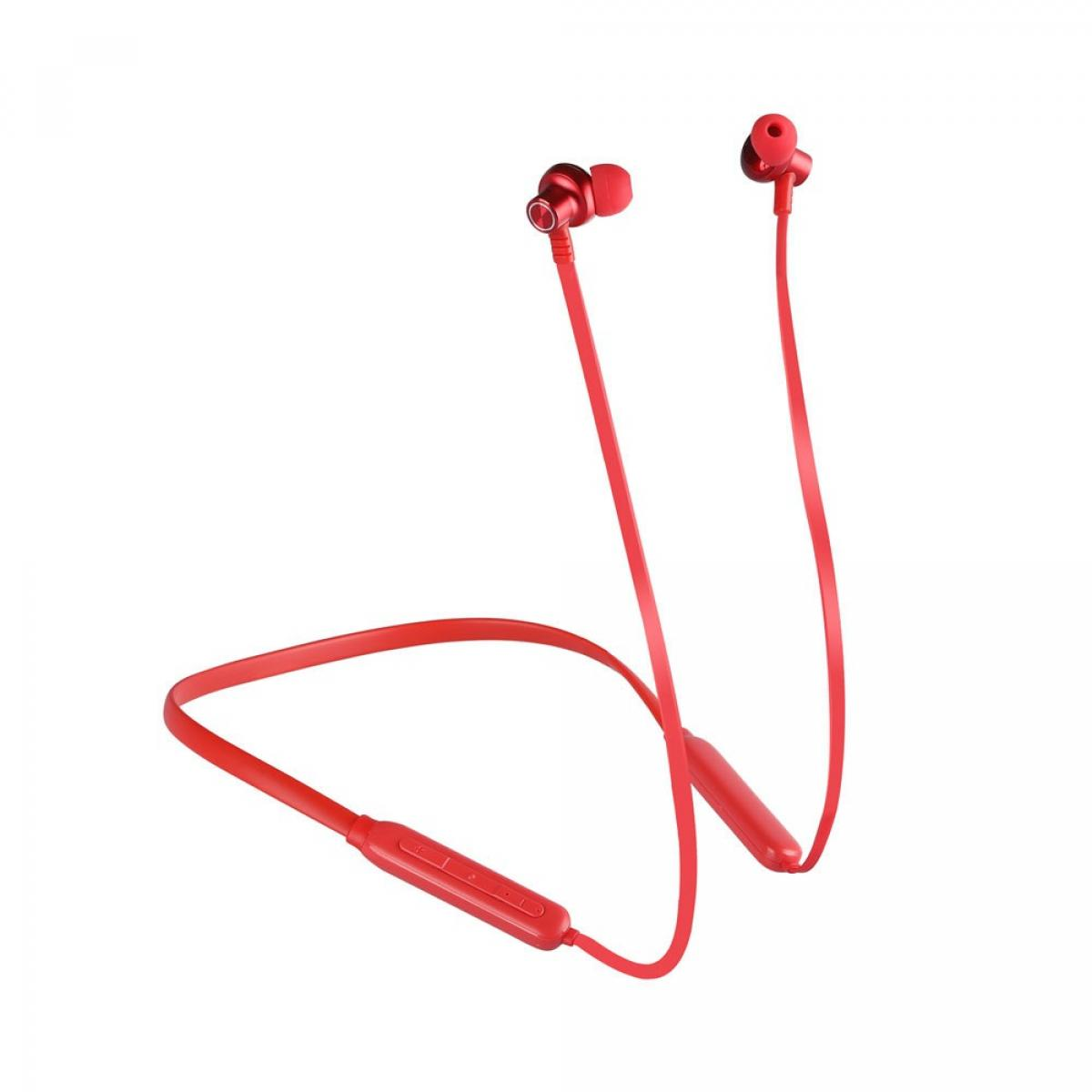 Auricolari wireless rossi con archetto. Sfondo bianco.