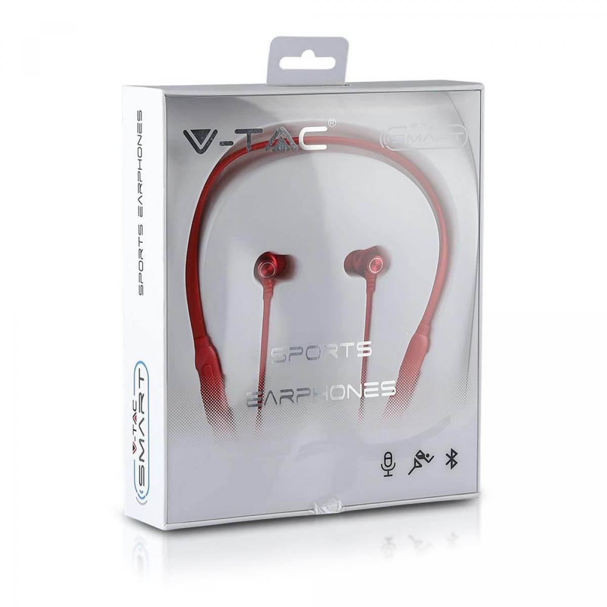 Auricolari in una scatola, colore rosso. Testo: Auricolari sportivi intelligenti V-TAC.
