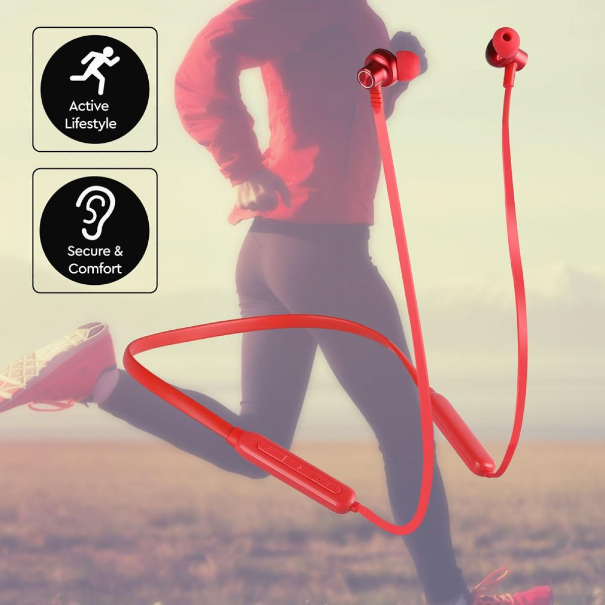 Auricolari wireless rossi con archetto, una persona che corre sullo sfondo e icone di stile di vita attivo.